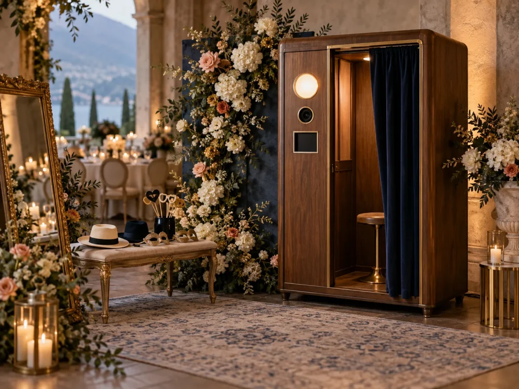 Photobooth elegante per matrimonio con allestimento floreale