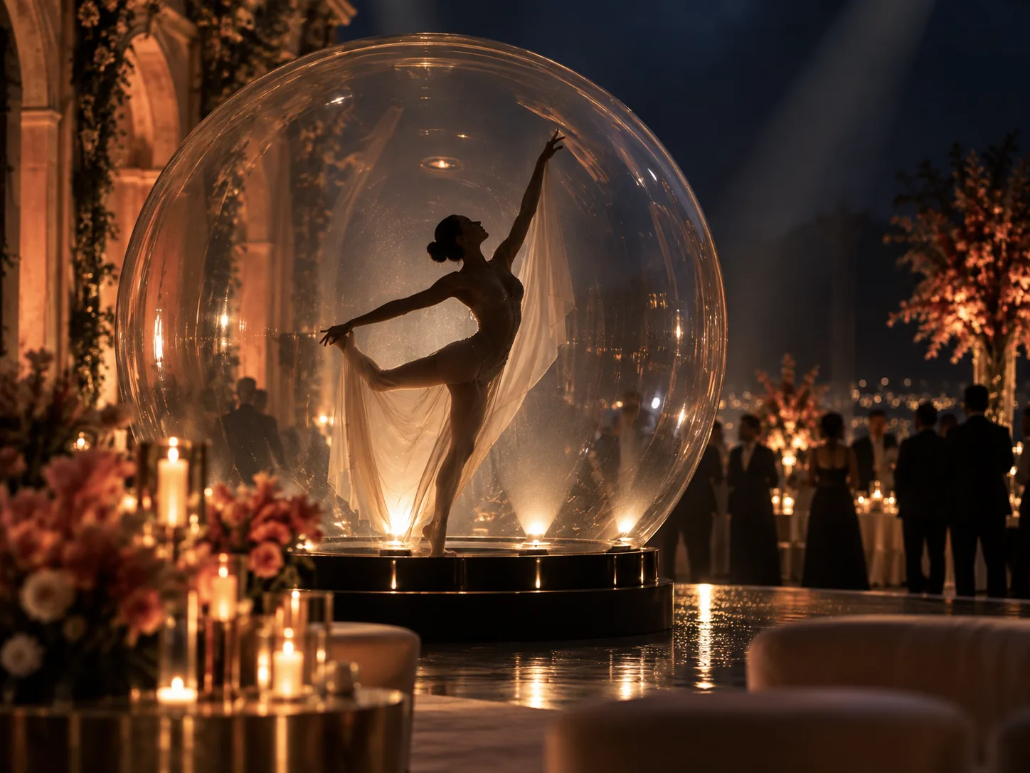 Performance visuale elegante con ballerina in sfera trasparente