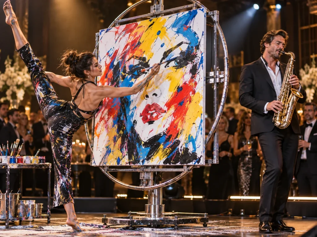 Pittura acrobatica in stile Pop-Arte con sax dal vivo