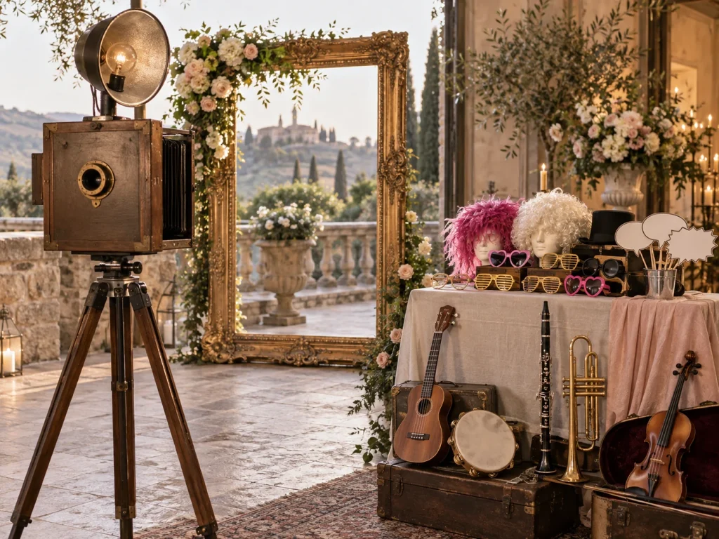 Photobooth vintage in legno con cornice e accessori scenografici