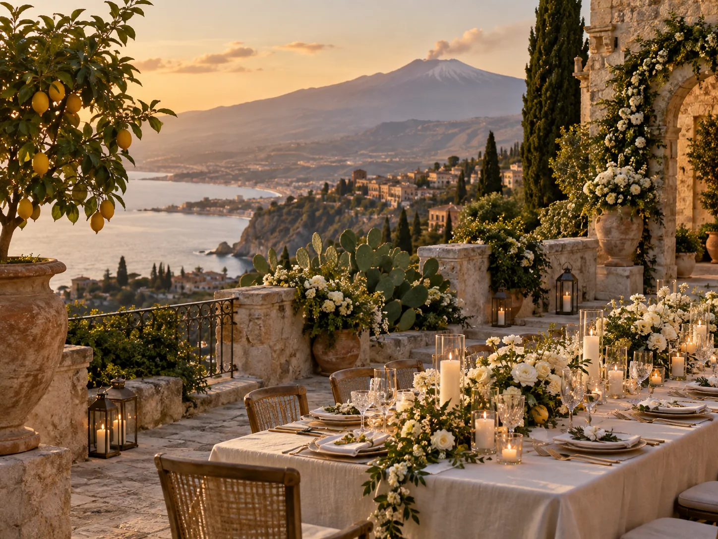 Ricevimento elegante su una terrazza siciliana con vista sull’Etna